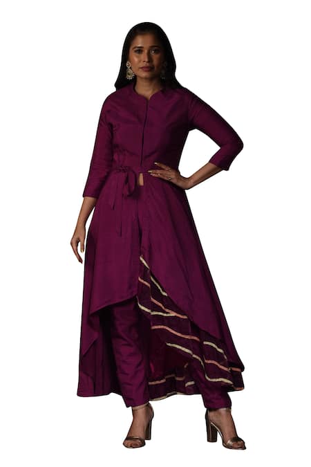 Buy Label Deepshika Agarwal Purple Silk, Organza Embroidery Bandeau Neck High Low Front Slit Kurta With Pant Buy_Label Deepshika Agarwal_Purple Silk, Organza Embroidery Bandeau Neck High Low Front Slit Kurta With Pant