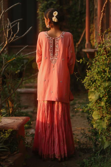 Shop Nazar By Indu Peach Cotton Pearls, Beads Round Neck Embroidered Kurta Palazzo Set at Aza Fashions Shop_Nazar By Indu_Peach Cotton Pearls, Beads Round Neck Embroidered Kurta Palazzo Set _at_Aza_Fashions