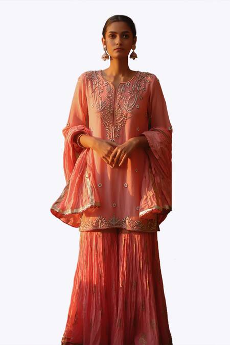 Buy Nazar By Indu Peach Cotton Pearls, Beads Round Neck Embroidered Kurta Palazzo Set Online at Aza Fashions Buy_Nazar By Indu_Peach Cotton Pearls, Beads Round Neck Embroidered Kurta Palazzo Set _Online_at_Aza_Fashions