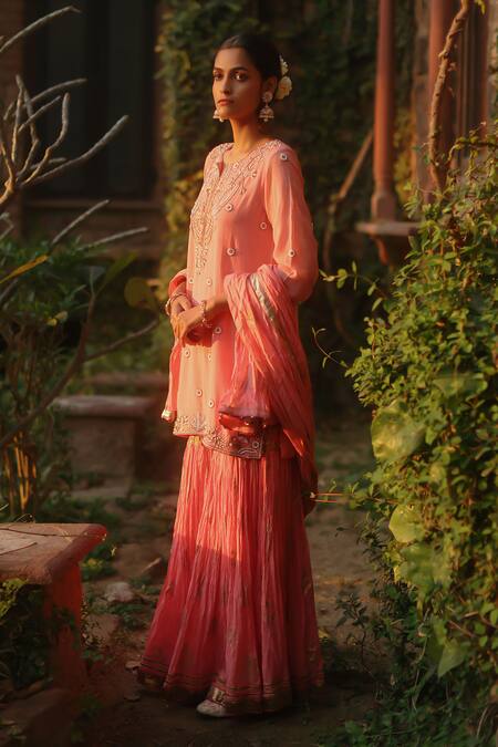 Shop Nazar By Indu Peach Cotton Pearls, Beads Round Neck Embroidered Kurta Palazzo Set Online at Aza Fashions Shop_Nazar By Indu_Peach Cotton Pearls, Beads Round Neck Embroidered Kurta Palazzo Set _Online_at_Aza_Fashions