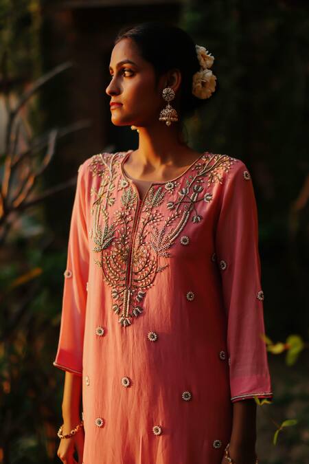 Buy Nazar By Indu Peach Cotton Pearls, Beads Round Neck Embroidered Kurta Palazzo Set Buy_Nazar By Indu_Peach Cotton Pearls, Beads Round Neck Embroidered Kurta Palazzo Set