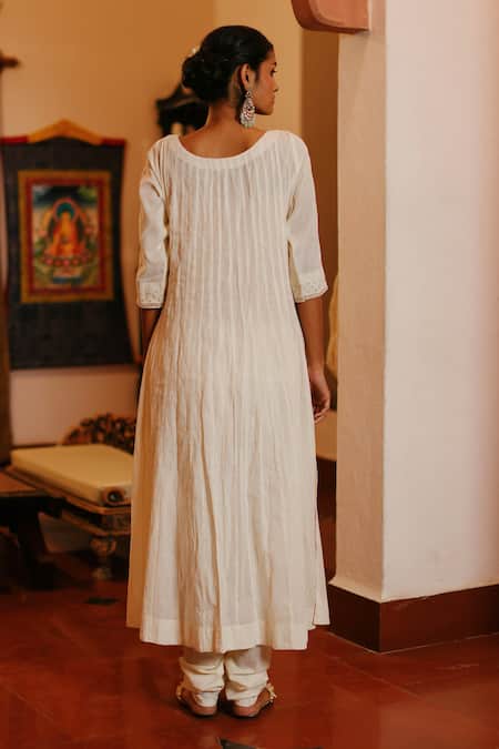 Shop Nazar By Indu White Cotton Pearls, Beads Round Floral Bloom Embroidered Anarkali Churidar Set at Aza Fashions Shop_Nazar By Indu_White Cotton Pearls, Beads Round Floral Bloom Embroidered Anarkali Churidar Set _at_Aza_Fashions