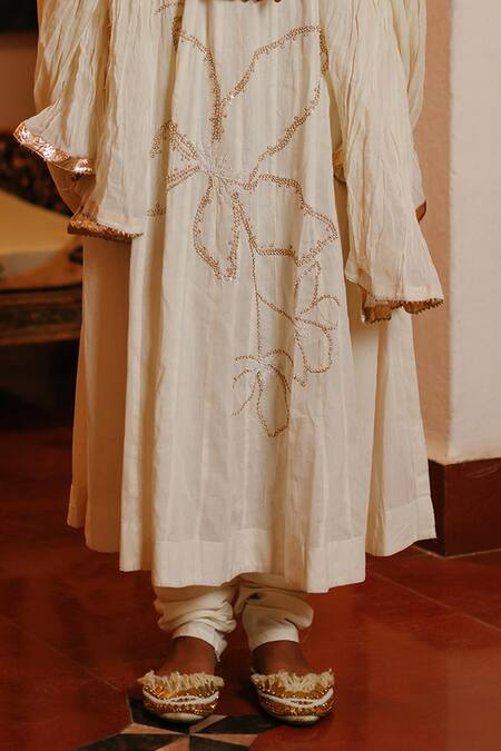 Nazar By Indu White Cotton Pearls, Beads Round Floral Bloom Embroidered Anarkali Churidar Set Online at Aza Fashions Nazar By Indu_White Cotton Pearls, Beads Round Floral Bloom Embroidered Anarkali Churidar Set _Online_at_Aza_Fashions