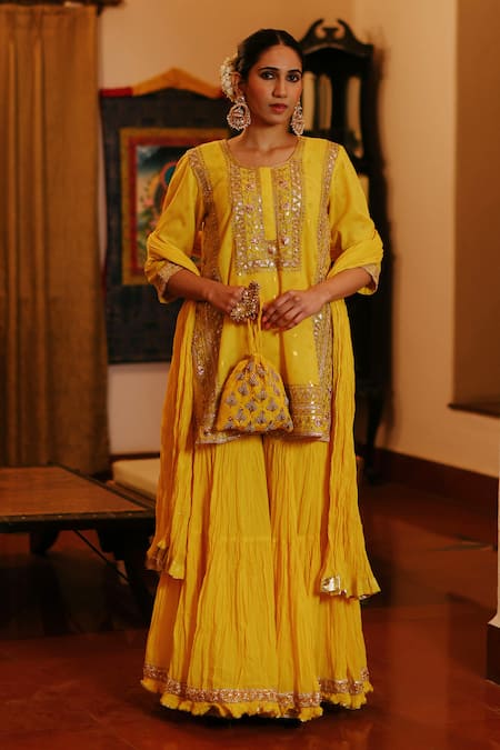 Nazar by Indu Yellow Cotton Embroidery Gota Round Neck Floral Kurta Gharara Set