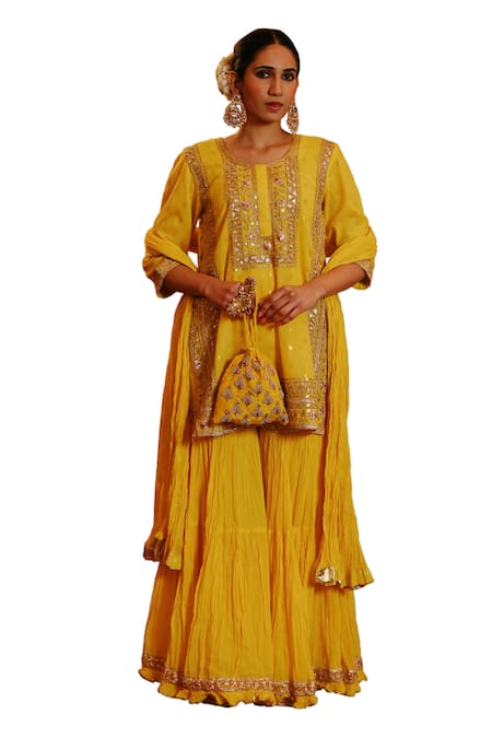 Buy Nazar By Indu Yellow Cotton Gota Patti, Sequins Round Floral Embroidered Kurta Gharara Set Online at Aza Fashions Buy_Nazar By Indu_Yellow Cotton Gota Patti, Sequins Round Floral Embroidered Kurta Gharara Set _Online_at_Aza_Fashions