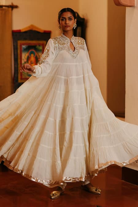 Shop_Nazar By Indu_White Cotton Gota Patti, Beads, Diamonds Mandarin Embellished Yoke Anarkali _at_Aza_Fashions