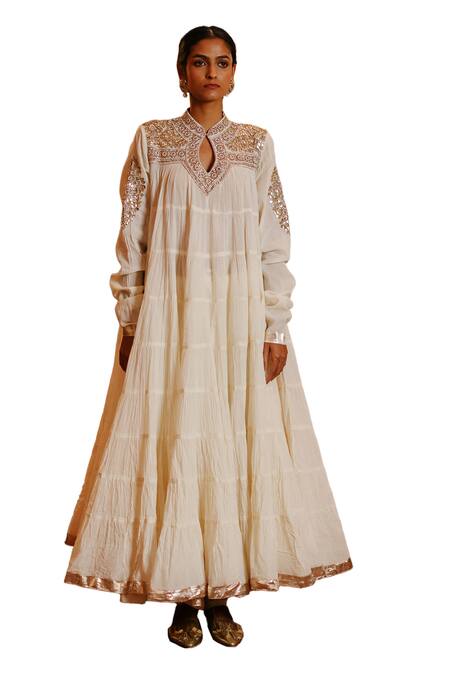 Nazar By Indu_White Cotton Gota Patti, Beads, Diamonds Mandarin Embellished Yoke Anarkali _Online_at_Aza_Fashions