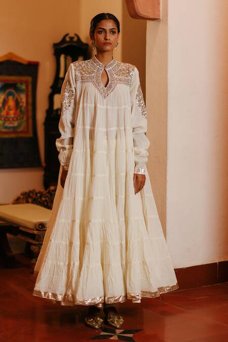 Buy_Nazar By Indu_White Cotton Gota Patti, Beads, Diamonds Mandarin Embellished Yoke Anarkali _Online_at_Aza_Fashions