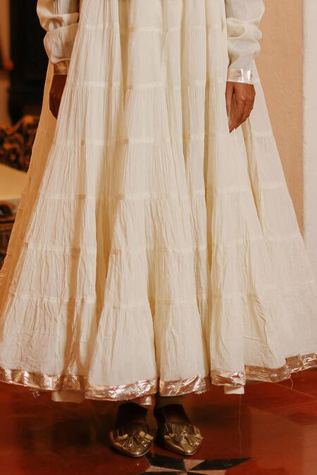 Shop_Nazar By Indu_White Cotton Gota Patti, Beads, Diamonds Mandarin Embellished Yoke Anarkali _Online_at_Aza_Fashions