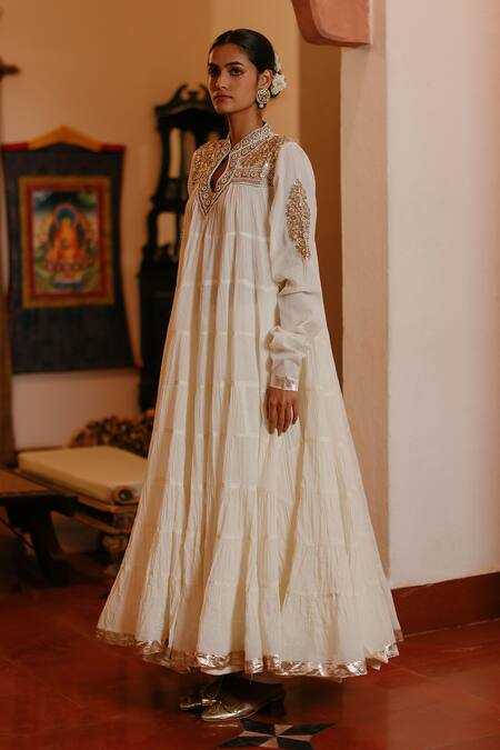 Nazar By Indu_White Cotton Gota Patti, Beads, Diamonds Mandarin Embellished Yoke Anarkali _at_Aza_Fashions
