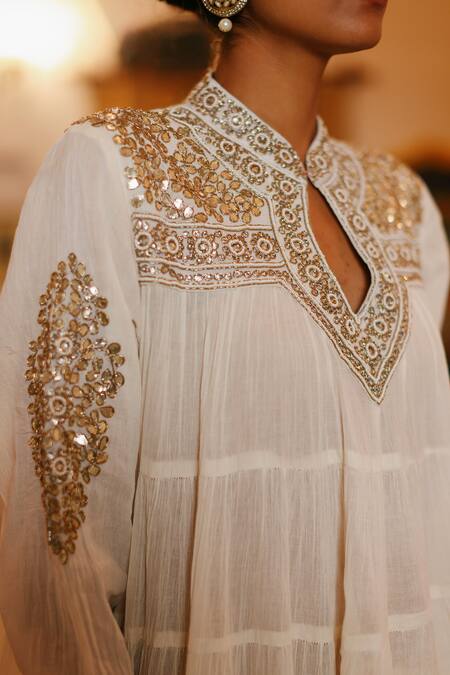 Buy_Nazar By Indu_White Cotton Gota Patti, Beads, Diamonds Mandarin Embellished Yoke Anarkali 