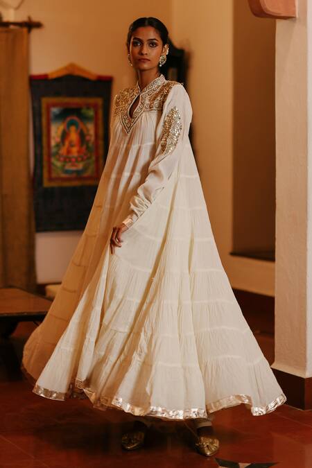 Shop_Nazar By Indu_White Cotton Gota Patti, Beads, Diamonds Mandarin Embellished Yoke Anarkali 