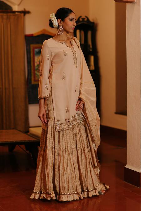 Shop Nazar By Indu Beige Cotton Cut Work, Beads, Embroidery Split V-neck Floret Kurta Gharara Set Online at Aza Fashions Shop_Nazar By Indu_Beige Cotton Cut Work, Beads, Embroidery Split V-neck Floret Kurta Gharara Set _Online_at_Aza_Fashions