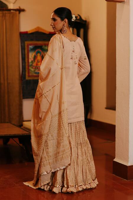 Buy Nazar By Indu Beige Cotton Cut Work, Beads, Embroidery Split V-neck Floret Kurta Gharara Set Buy_Nazar By Indu_Beige Cotton Cut Work, Beads, Embroidery Split V-neck Floret Kurta Gharara Set