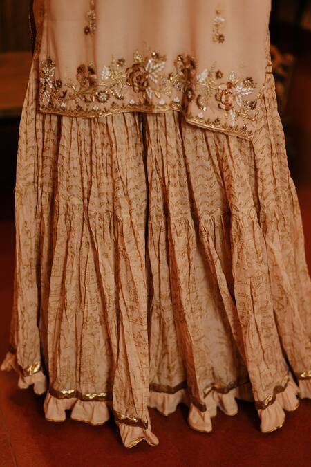 Shop Nazar By Indu Beige Cotton Cut Work, Beads, Embroidery Split V-neck Floret Kurta Gharara Set Shop_Nazar By Indu_Beige Cotton Cut Work, Beads, Embroidery Split V-neck Floret Kurta Gharara Set