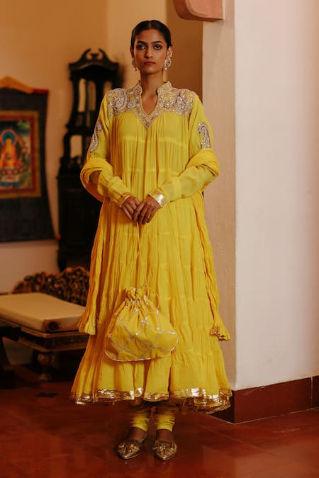 Nazar by Indu Yellow Cotton Placement Embroidery Paisley Stand Yoke Anarkali Churidar Set