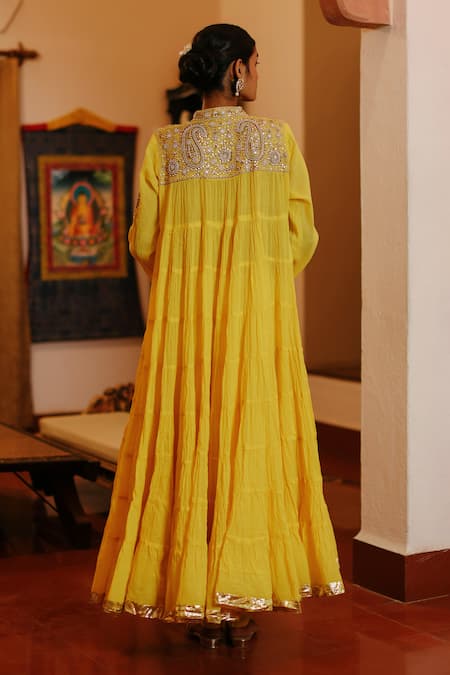 Shop Nazar By Indu Yellow Cotton Beads, Embroidery, Gota Patti Paisley Yoke Anarkali Churidar Set at Aza Fashions Shop_Nazar By Indu_Yellow Cotton Beads, Embroidery, Gota Patti Paisley Yoke Anarkali Churidar Set _at_Aza_Fashions