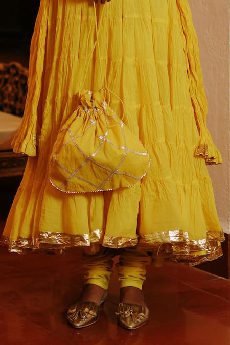 Nazar By Indu Yellow Cotton Beads, Embroidery, Gota Patti Paisley Yoke Anarkali Churidar Set Online at Aza Fashions Nazar By Indu_Yellow Cotton Beads, Embroidery, Gota Patti Paisley Yoke Anarkali Churidar Set _Online_at_Aza_Fashions