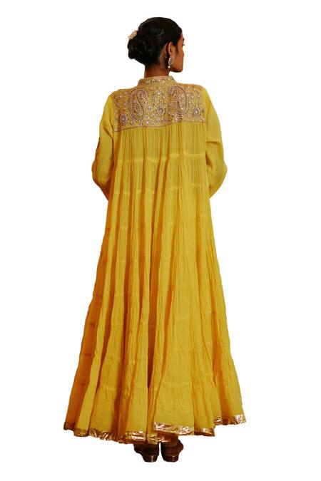 Nazar By Indu Yellow Cotton Beads, Embroidery, Gota Patti Paisley Yoke Anarkali Churidar Set at Aza Fashions Nazar By Indu_Yellow Cotton Beads, Embroidery, Gota Patti Paisley Yoke Anarkali Churidar Set _at_Aza_Fashions