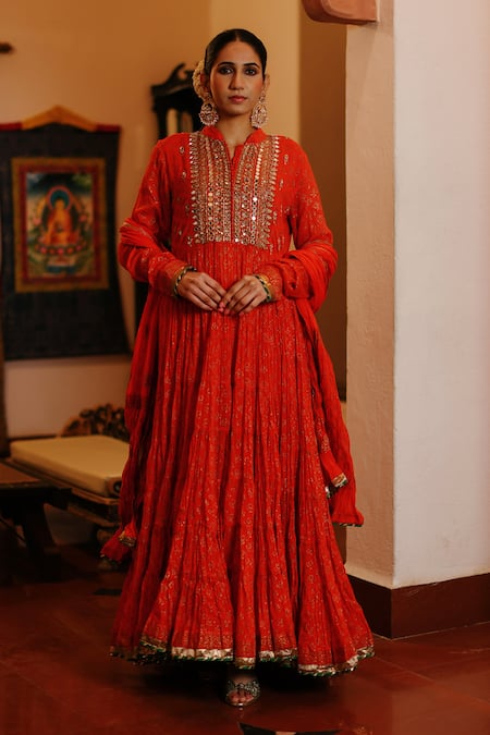 Nazar by Indu Red Cotton Print Butti Stand Mirror Embroidered Yoke Anarkali Churidar Set