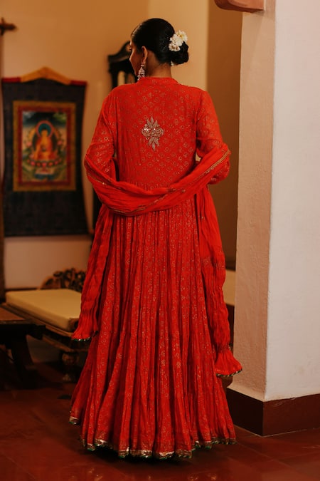 Shop Nazar By Indu Red Cotton Mirrors, Embroidery Collared Yoke Anarkali Churidar Set at Aza Fashions Shop_Nazar By Indu_Red Cotton Mirrors, Embroidery Collared Yoke Anarkali Churidar Set _at_Aza_Fashions