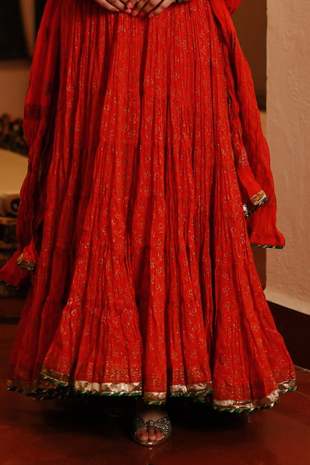 Nazar By Indu Red Cotton Mirrors, Embroidery Collared Yoke Anarkali Churidar Set Online at Aza Fashions Nazar By Indu_Red Cotton Mirrors, Embroidery Collared Yoke Anarkali Churidar Set _Online_at_Aza_Fashions