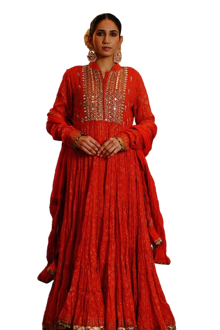 Buy Nazar By Indu Red Cotton Mirrors, Embroidery Collared Yoke Anarkali Churidar Set Online at Aza Fashions Buy_Nazar By Indu_Red Cotton Mirrors, Embroidery Collared Yoke Anarkali Churidar Set _Online_at_Aza_Fashions