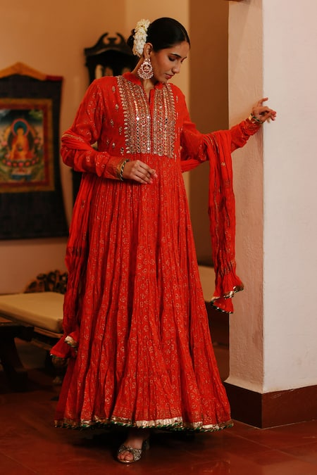 Shop Nazar By Indu Red Cotton Mirrors, Embroidery Collared Yoke Anarkali Churidar Set Online at Aza Fashions Shop_Nazar By Indu_Red Cotton Mirrors, Embroidery Collared Yoke Anarkali Churidar Set _Online_at_Aza_Fashions