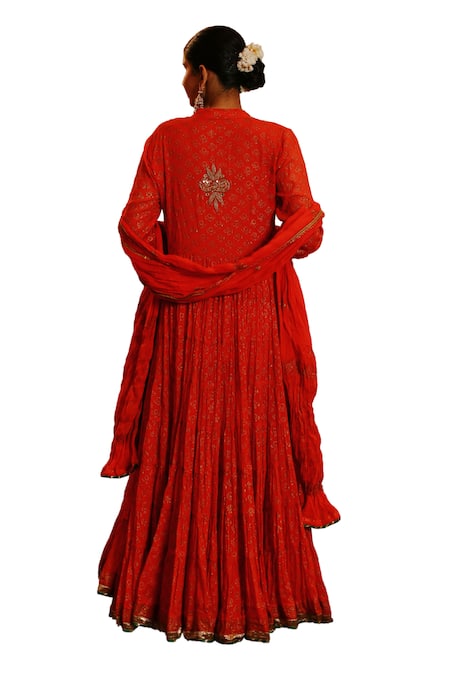 Nazar By Indu Red Cotton Mirrors, Embroidery Collared Yoke Anarkali Churidar Set at Aza Fashions Nazar By Indu_Red Cotton Mirrors, Embroidery Collared Yoke Anarkali Churidar Set _at_Aza_Fashions