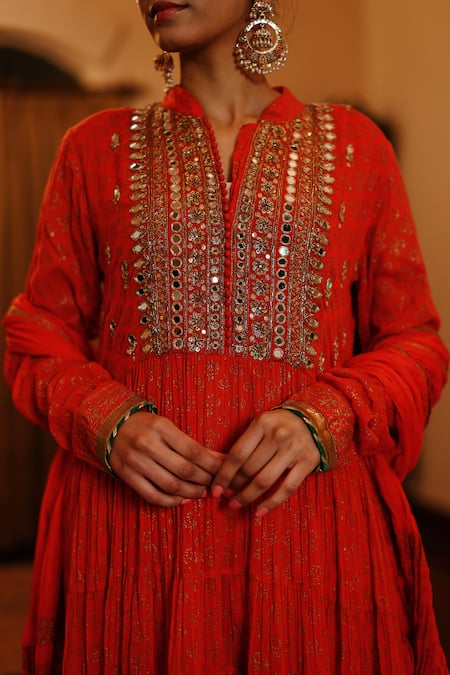 Buy Nazar By Indu Red Cotton Mirrors, Embroidery Collared Yoke Anarkali Churidar Set Buy_Nazar By Indu_Red Cotton Mirrors, Embroidery Collared Yoke Anarkali Churidar Set