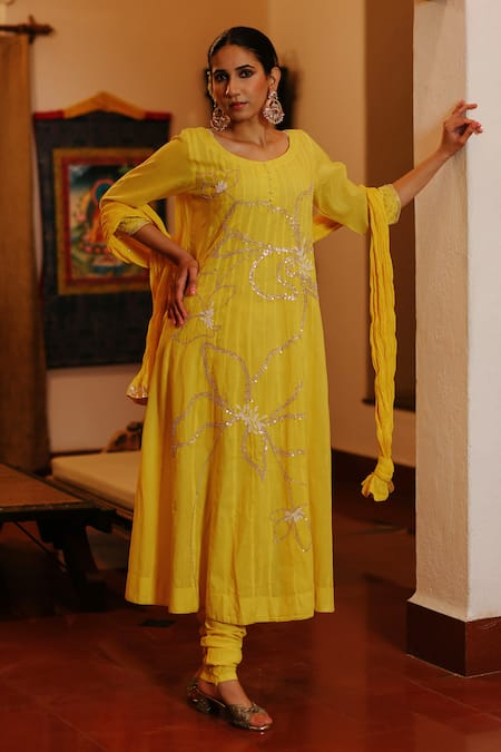 Nazar by Indu Yellow Cotton Embroidery Pearl Round Neck Flower Bloom Kurta Churidar Set
