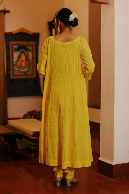 Shop Nazar By Indu Yellow Cotton Sequins, Pearls Round Flower Bloom Embroidered Kurta Churidar Set at Aza Fashions Shop_Nazar By Indu_Yellow Cotton Sequins, Pearls Round Flower Bloom Embroidered Kurta Churidar Set _at_Aza_Fashions