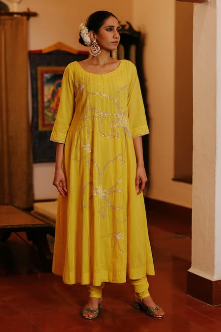 Buy Nazar By Indu Yellow Cotton Sequins, Pearls Round Flower Bloom Embroidered Kurta Churidar Set Buy_Nazar By Indu_Yellow Cotton Sequins, Pearls Round Flower Bloom Embroidered Kurta Churidar Set