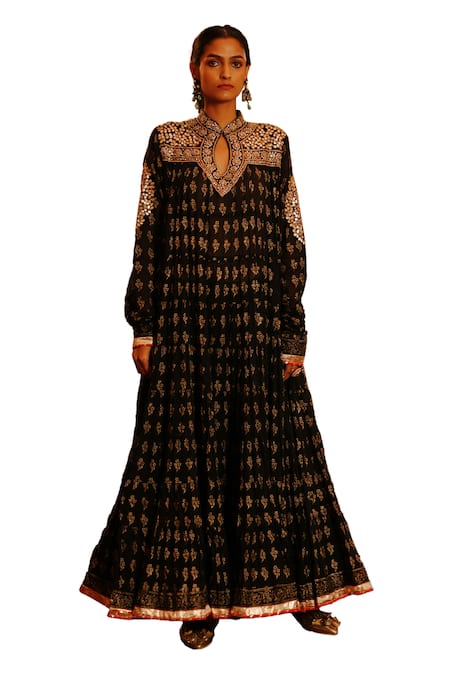 Nazar By Indu Black Cotton Gota Patti, Beads Mandarin Collar Floral Butti Print Anarkali Online at Aza Fashions Nazar By Indu_Black Cotton Gota Patti, Beads Mandarin Collar Floral Butti Print Anarkali _Online_at_Aza_Fashions