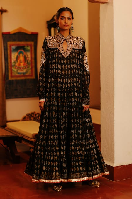 Buy Nazar By Indu Black Cotton Gota Patti, Beads Mandarin Collar Floral Butti Print Anarkali Online at Aza Fashions Buy_Nazar By Indu_Black Cotton Gota Patti, Beads Mandarin Collar Floral Butti Print Anarkali _Online_at_Aza_Fashions