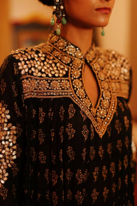 Shop Nazar By Indu Black Cotton Gota Patti, Beads Mandarin Collar Floral Butti Print Anarkali Shop_Nazar By Indu_Black Cotton Gota Patti, Beads Mandarin Collar Floral Butti Print Anarkali