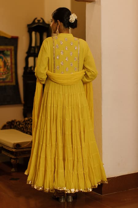 Shop Nazar By Indu Yellow Cotton Beads, Embroidery, Gota Patti, Dabka Anarkali Churidar Set at Aza Fashions Shop_Nazar By Indu_Yellow Cotton Beads, Embroidery, Gota Patti, Dabka Anarkali Churidar Set _at_Aza_Fashions