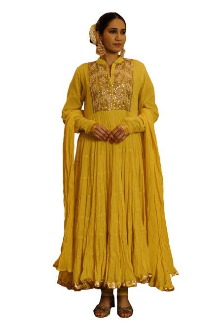 Shop Nazar By Indu Yellow Cotton Beads, Embroidery, Gota Patti, Dabka Anarkali Churidar Set Online at Aza Fashions Shop_Nazar By Indu_Yellow Cotton Beads, Embroidery, Gota Patti, Dabka Anarkali Churidar Set _Online_at_Aza_Fashions