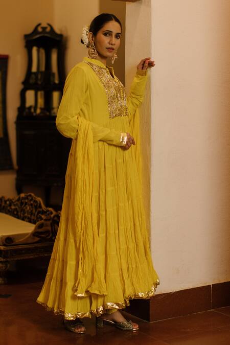 Nazar By Indu Yellow Cotton Beads, Embroidery, Gota Patti, Dabka Anarkali Churidar Set at Aza Fashions Nazar By Indu_Yellow Cotton Beads, Embroidery, Gota Patti, Dabka Anarkali Churidar Set _at_Aza_Fashions