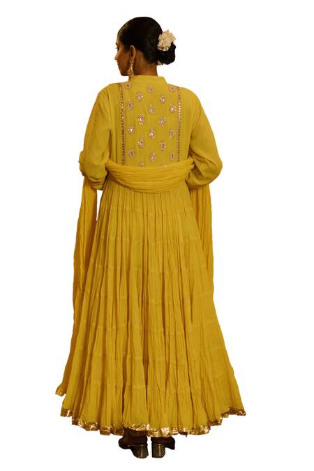 Buy Nazar By Indu Yellow Cotton Beads, Embroidery, Gota Patti, Dabka Anarkali Churidar Set Buy_Nazar By Indu_Yellow Cotton Beads, Embroidery, Gota Patti, Dabka Anarkali Churidar Set