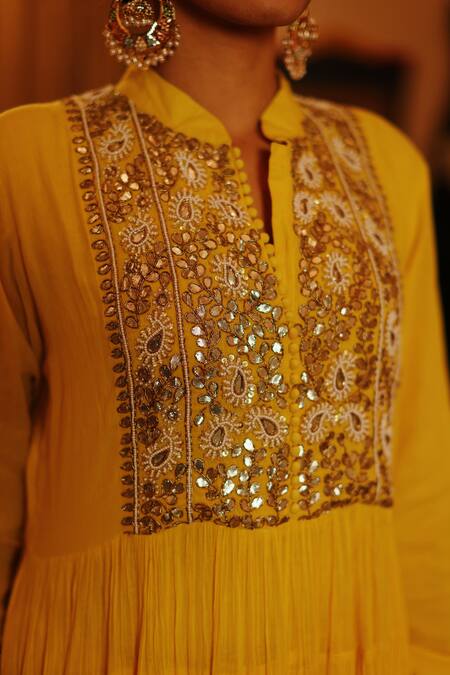 Shop Nazar By Indu Yellow Cotton Beads, Embroidery, Gota Patti, Dabka Anarkali Churidar Set Shop_Nazar By Indu_Yellow Cotton Beads, Embroidery, Gota Patti, Dabka Anarkali Churidar Set