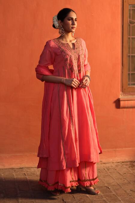 Nazar By Indu Peach Cotton Zari, Embroidery Split V-neck Kurta Gharara Set Online at Aza Fashions Nazar By Indu_Peach Cotton Zari, Embroidery Split V-neck Kurta Gharara Set _Online_at_Aza_Fashions