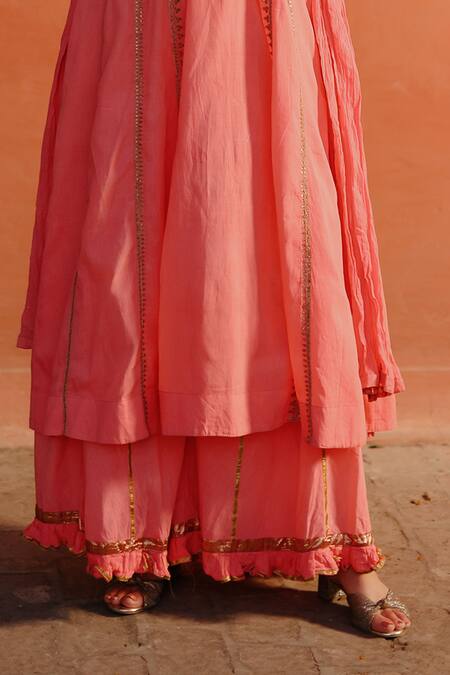 Buy Nazar By Indu Peach Cotton Zari, Embroidery Split V-neck Kurta Gharara Set Online at Aza Fashions Buy_Nazar By Indu_Peach Cotton Zari, Embroidery Split V-neck Kurta Gharara Set _Online_at_Aza_Fashions