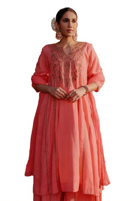 Nazar By Indu Peach Cotton Zari, Embroidery Split V-neck Kurta Gharara Set at Aza Fashions Nazar By Indu_Peach Cotton Zari, Embroidery Split V-neck Kurta Gharara Set _at_Aza_Fashions