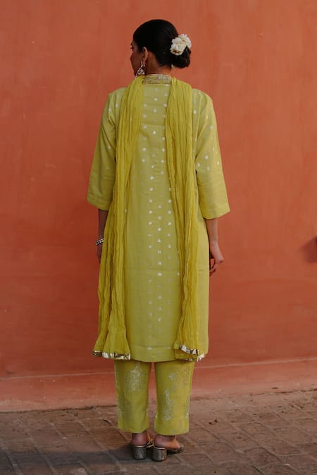 Shop Nazar By Indu Green Cotton Embroidery, Beads V-neck Brocade Polka Dot Pattern Kurta Pant Set at Aza Fashions Shop_Nazar By Indu_Green Cotton Embroidery, Beads V-neck Brocade Polka Dot Pattern Kurta Pant Set _at_Aza_Fashions