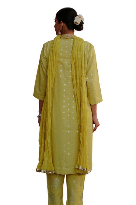 Nazar By Indu Green Cotton Embroidery, Beads V-neck Brocade Polka Dot Pattern Kurta Pant Set at Aza Fashions Nazar By Indu_Green Cotton Embroidery, Beads V-neck Brocade Polka Dot Pattern Kurta Pant Set _at_Aza_Fashions