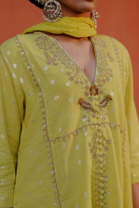 Buy Nazar By Indu Green Cotton Embroidery, Beads V-neck Brocade Polka Dot Pattern Kurta Pant Set Buy_Nazar By Indu_Green Cotton Embroidery, Beads V-neck Brocade Polka Dot Pattern Kurta Pant Set