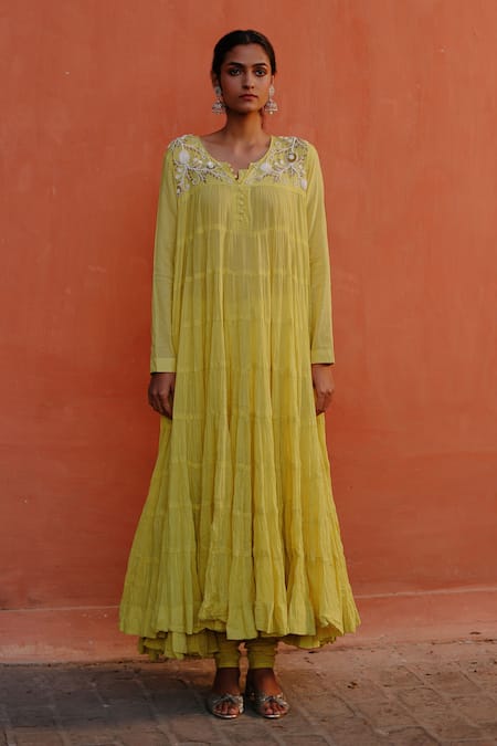 Nazar by Indu Green Cotton Placement Embroidery Zardozi V Pearl Yoke Anarkali Churidar Set