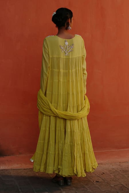 Shop Nazar By Indu Green Cotton Pearls, Sequins V-neck Embroidered Yoke Anarkali Churidar Set at Aza Fashions Shop_Nazar By Indu_Green Cotton Pearls, Sequins V-neck Embroidered Yoke Anarkali Churidar Set _at_Aza_Fashions