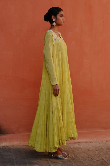 Nazar By Indu Green Cotton Pearls, Sequins V-neck Embroidered Yoke Anarkali Churidar Set Online at Aza Fashions Nazar By Indu_Green Cotton Pearls, Sequins V-neck Embroidered Yoke Anarkali Churidar Set _Online_at_Aza_Fashions